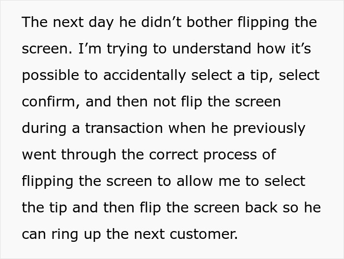 Text describes a cashier not reversing screen for tip selection, raising questions about stealth tipping. Text describes a cashier not reversing screen for tip selection, raising questions about stealth tipping.