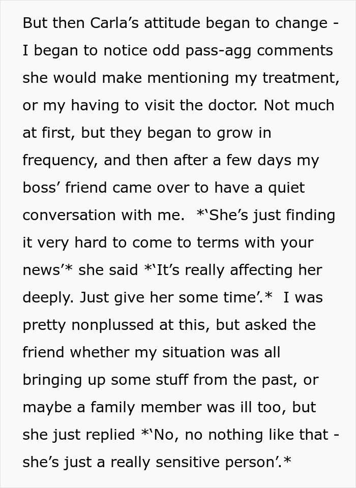 Text excerpts showing insensitivity towards ill employee's chemotherapy treatment. Text excerpts showing insensitivity towards ill employee's chemotherapy treatment.