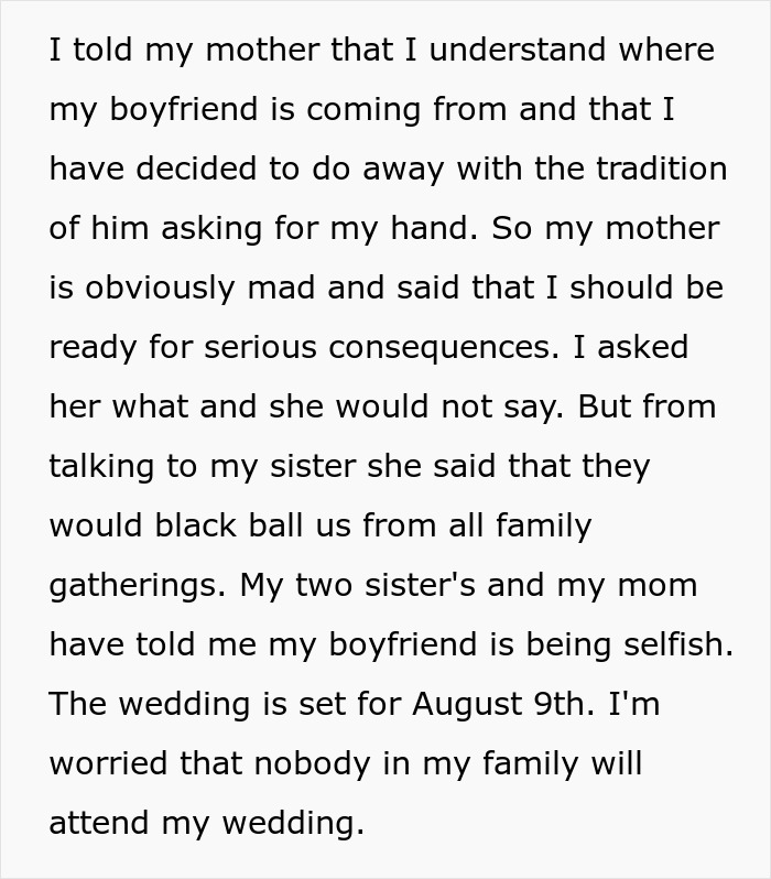 Old-School Parents Skip Daughter's Wedding Over Silly Tradition, She Bans Them From Seeing Her Child Old-School Parents Skip Daughter's Wedding Over Silly Tradition, She Bans Them From Seeing Her Child