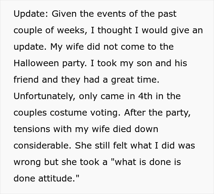 Text from dad discussing Halloween party where his son enjoyed time with a friend; mentions family drama. Text from dad discussing Halloween party where his son enjoyed time with a friend; mentions family drama.