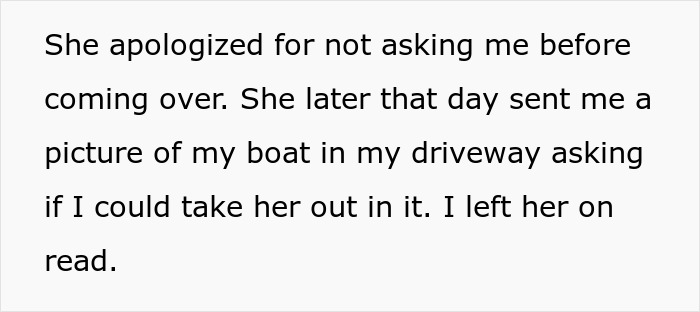 Text message recounting HOA president's unwelcome visit and follow-up boat request via picture. Text message recounting HOA president's unwelcome visit and follow-up boat request via picture.