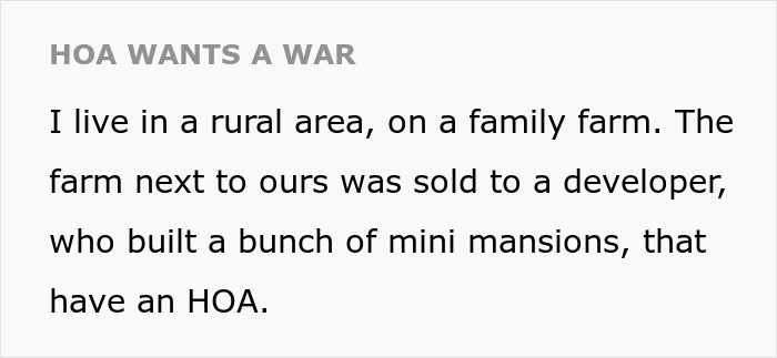 "Text about farmer's conflict with HOA over rural farm and nearby development. "Text about farmer's conflict with HOA over rural farm and nearby development.