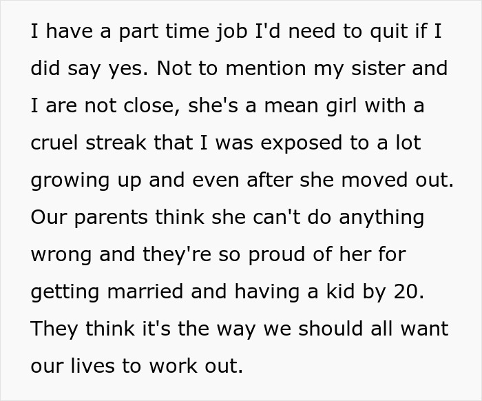 Text screenshot discussing family dynamics and job considerations. Text screenshot discussing family dynamics and job considerations.