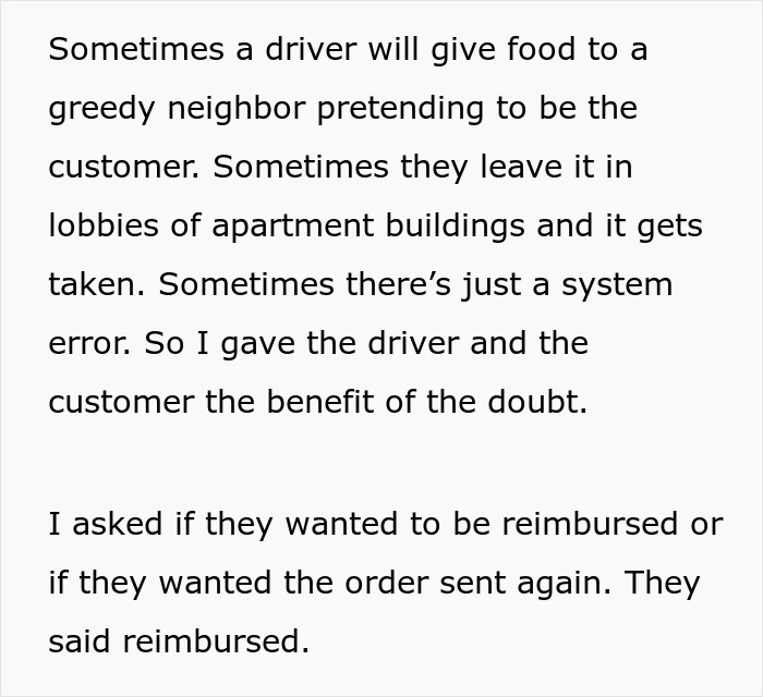 Text about a delivery error, customer choosing reimbursement, and giving driver the benefit of the doubt. Text about a delivery error, customer choosing reimbursement, and giving driver the benefit of the doubt.
