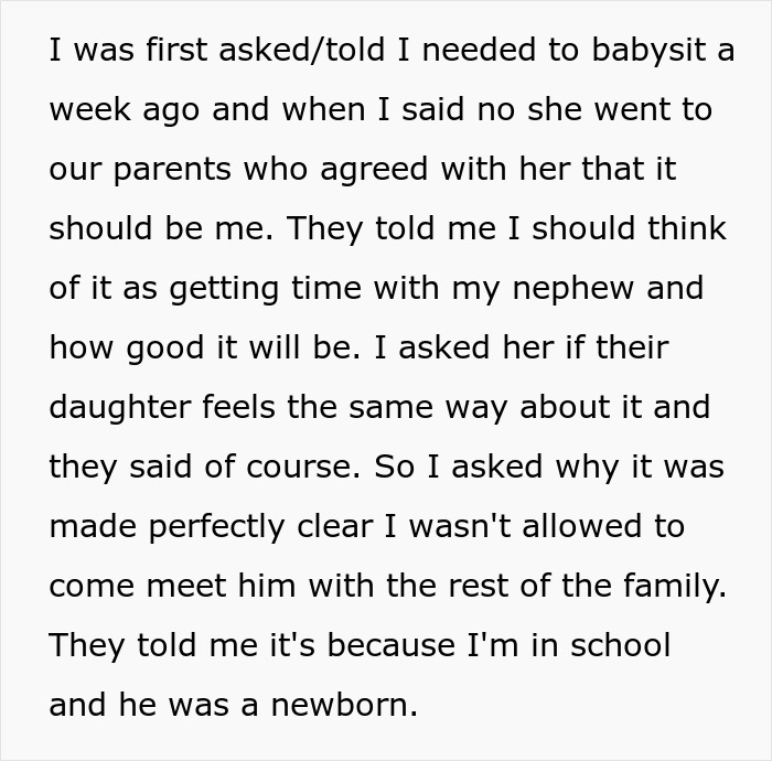 Text discussing sibling conflict over babysitting responsibilities and family dynamics. Text discussing sibling conflict over babysitting responsibilities and family dynamics.