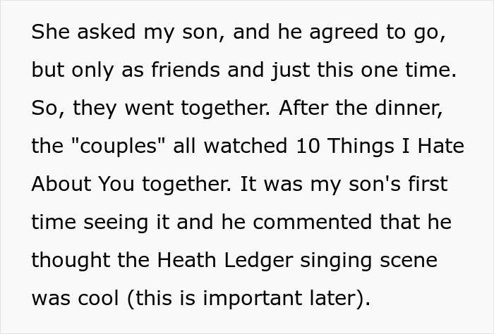 Text screenshot about a son watching "10 Things I Hate About You" and commenting on Heath Ledger's singing scene. Text screenshot about a son watching "10 Things I Hate About You" and commenting on Heath Ledger's singing scene.
