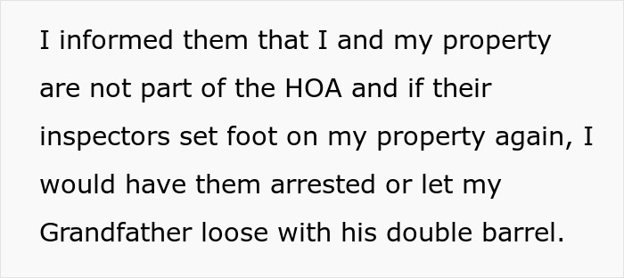 Text displaying a farmer's response to a HOA about property rights. Text displaying a farmer's response to a HOA about property rights.