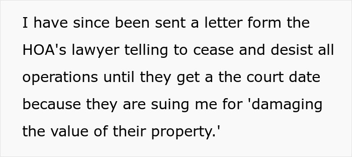 Text from HOA lawyer demanding cease of operations for property value reasons. Text from HOA lawyer demanding cease of operations for property value reasons.