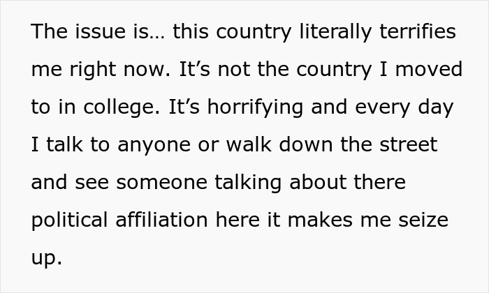 Text expressing fear about the current state of the country regarding political affiliation discussions. Text expressing fear about the current state of the country regarding political affiliation discussions.