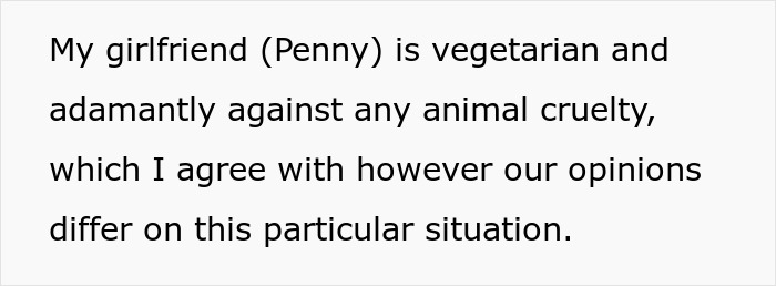 Text highlights a relationship disagreement over family heirlooms and animal rights between a vegetarian girlfriend and her partner. Text highlights a relationship disagreement over family heirlooms and animal rights between a vegetarian girlfriend and her partner.