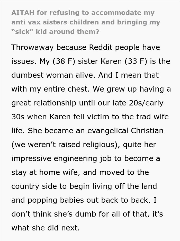 Mom Refuses To Accommodate Anti-Vax Sister’s Kids By Excluding Her Own “Sick” Son From Wedding Mom Refuses To Accommodate Anti-Vax Sister’s Kids By Excluding Her Own “Sick” Son From Wedding