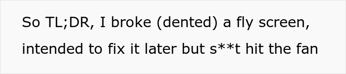 Text explanation about breaking a fly screen and chaos that followed. Text explanation about breaking a fly screen and chaos that followed.
