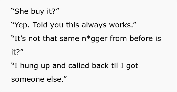 Text exchange showing a couple discussing strategy and racial slur, overheard by a woman while on hold. Text exchange showing a couple discussing strategy and racial slur, overheard by a woman while on hold.