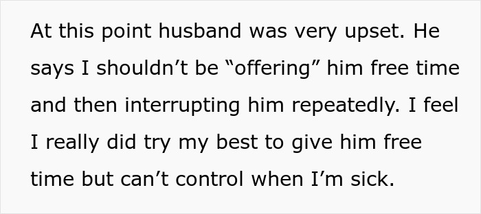 Text describing a husband's frustration with his pregnant wife, who is sick and struggling with their toddler. Text describing a husband's frustration with his pregnant wife, who is sick and struggling with their toddler.
