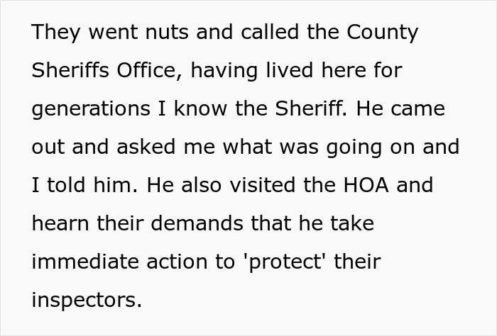 Text excerpt where farmer interacts with HOA via sheriff's involvement. Text excerpt where farmer interacts with HOA via sheriff's involvement.