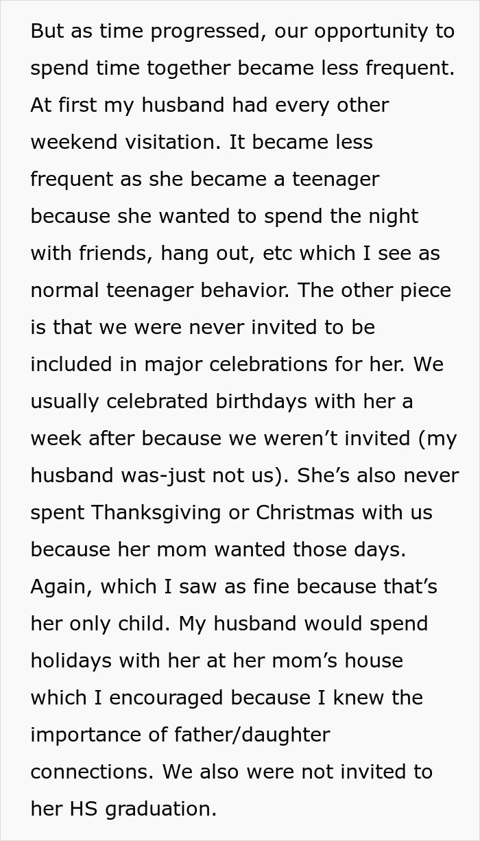 Text describing a husband's visitation issues and family event exclusions related to his daughter. Text describing a husband's visitation issues and family event exclusions related to his daughter.