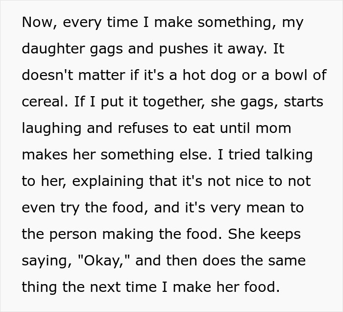 Text about food complaints, featuring a parent's frustration with their daughter's refusal to eat meals they prepare. Text about food complaints, featuring a parent's frustration with their daughter's refusal to eat meals they prepare.