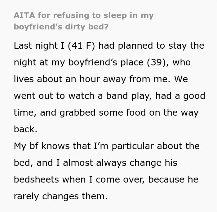 Text describes woman's decision against staying at boyfriend's due to unclean bed. Text describes woman's decision against staying at boyfriend's due to unclean bed.