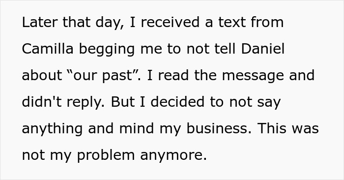 Text message recounting an affair from 12 years ago, with the woman deciding to stay out of her ex’s current situation. Text message recounting an affair from 12 years ago, with the woman deciding to stay out of her ex’s current situation.