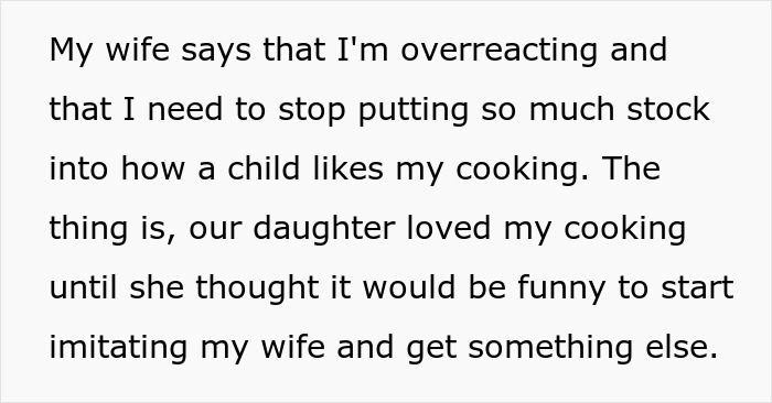 Text discussing wife's complaints about cooking preferences and a child's reaction. Text discussing wife's complaints about cooking preferences and a child's reaction.