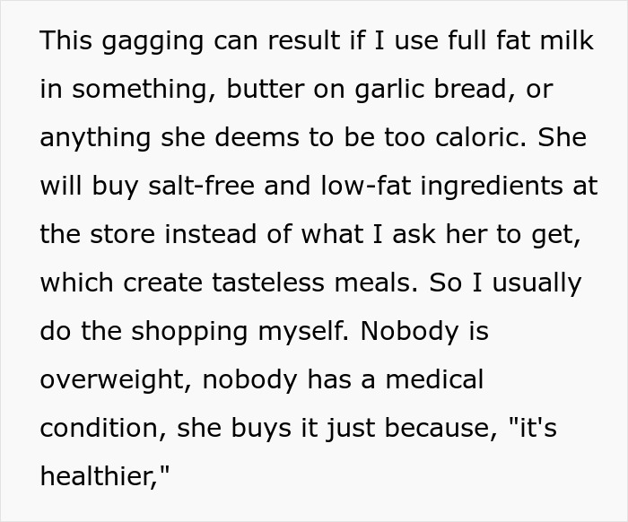 Text on dietary complaints about using low-fat ingredients instead of full-fat options for tasteless meals. Text on dietary complaints about using low-fat ingredients instead of full-fat options for tasteless meals.