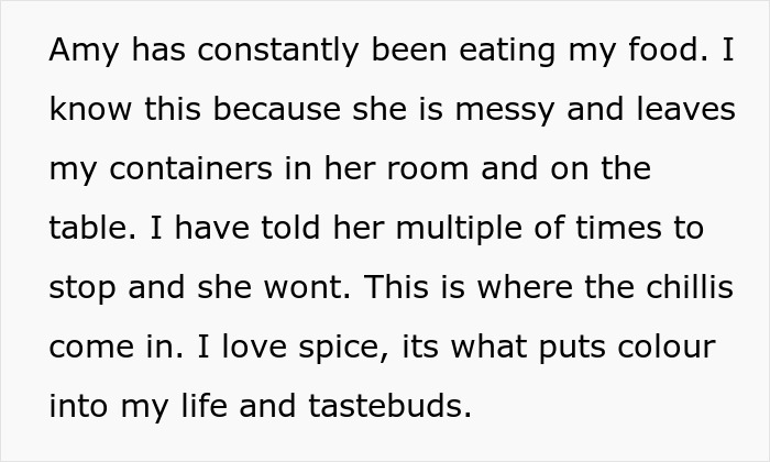 Text reveals plan to catch food-thieving roommate using spicy trap. Text reveals plan to catch food-thieving roommate using spicy trap.