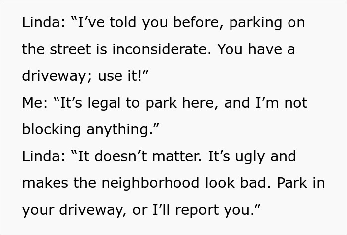 Text exchange about parking and neighborhood appearance. Text exchange about parking and neighborhood appearance.