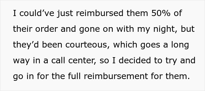 Text message about call center reimbursement decision after polite customer interaction. Text message about call center reimbursement decision after polite customer interaction.