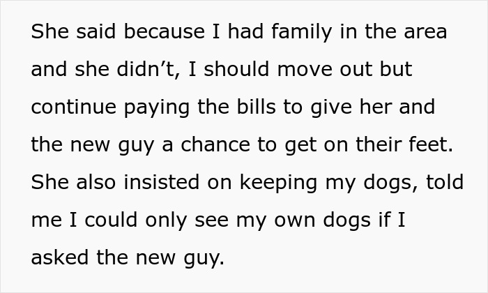 Text screenshot about an ex-partner's request for rent payment and keeping dogs after a breakup. Text screenshot about an ex-partner's request for rent payment and keeping dogs after a breakup.