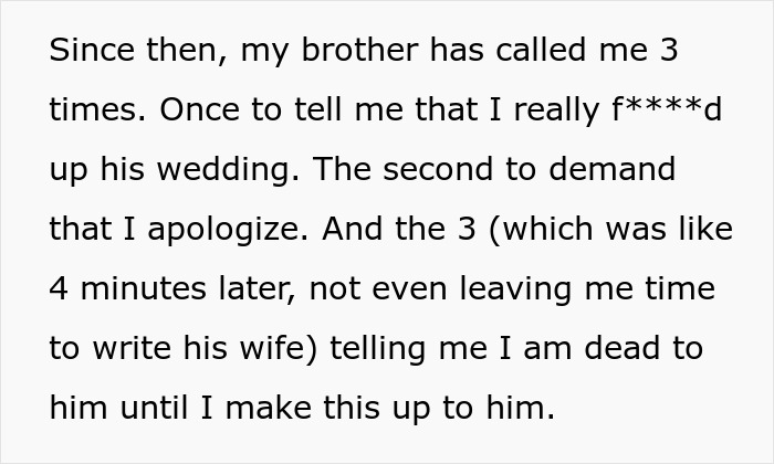 Text message about wedding attire conflict between siblings; brother upset over sister's pantsuit outfit at his wedding. Text message about wedding attire conflict between siblings; brother upset over sister's pantsuit outfit at his wedding.