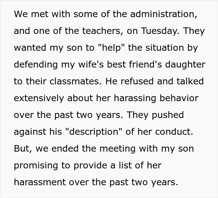 Text detailing dad supporting son in conflict over family friend's daughter, describing refusal to defend her. Text detailing dad supporting son in conflict over family friend's daughter, describing refusal to defend her.