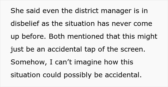 Text discussing disbelief over a cashier's stealth tip and accidental screen tap. Text discussing disbelief over a cashier's stealth tip and accidental screen tap.