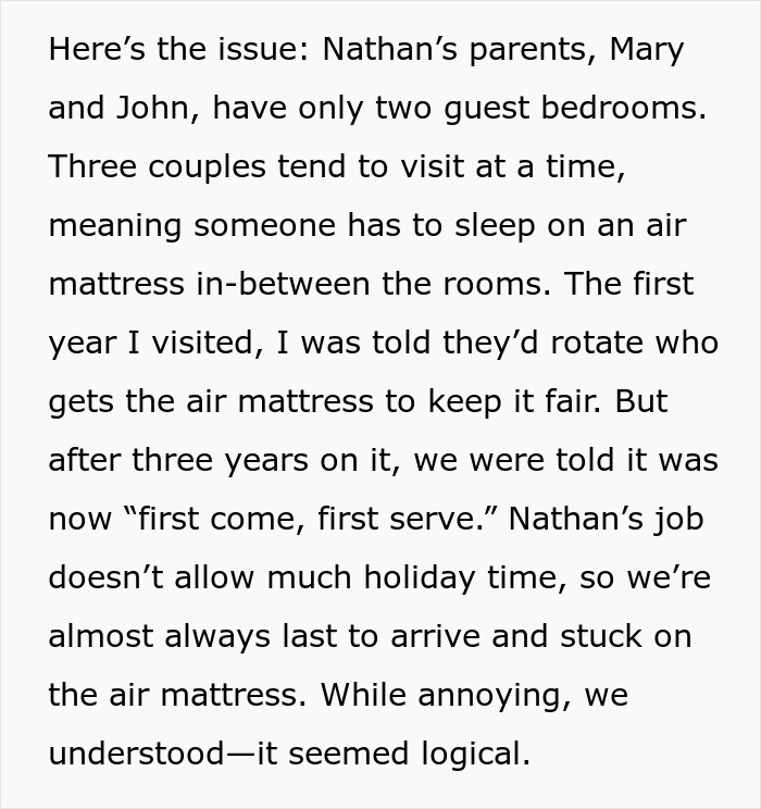 Text explaining a couple's frustration with always sleeping on an air mattress during family holidays. Text explaining a couple's frustration with always sleeping on an air mattress during family holidays.