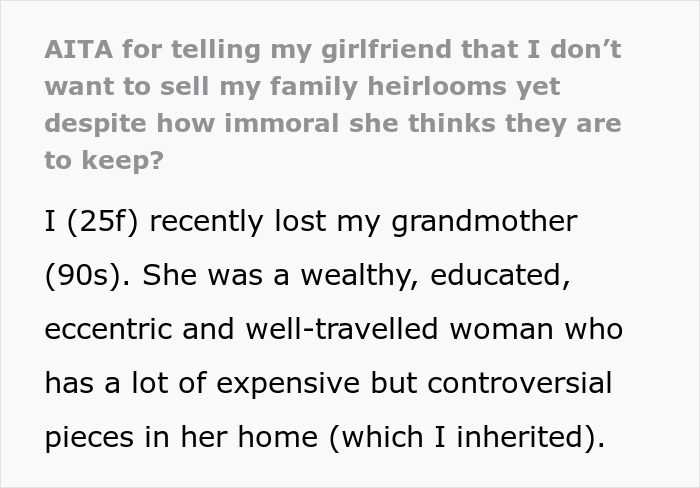 Text discusses hesitancy over selling family heirlooms viewed as immoral by girlfriend. Text discusses hesitancy over selling family heirlooms viewed as immoral by girlfriend.