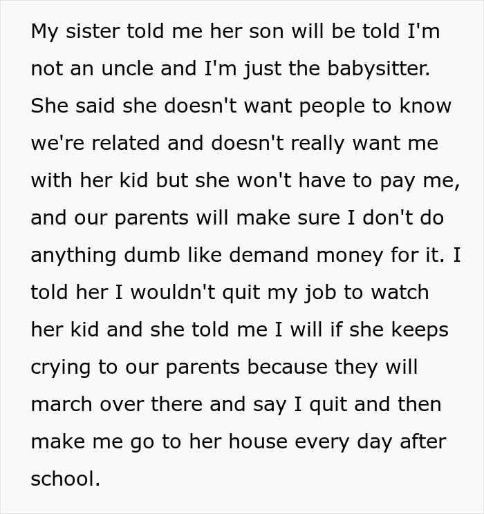 Text from a sister discussing her son calling her brother a babysitter, not an uncle, to avoid payment. Text from a sister discussing her son calling her brother a babysitter, not an uncle, to avoid payment.