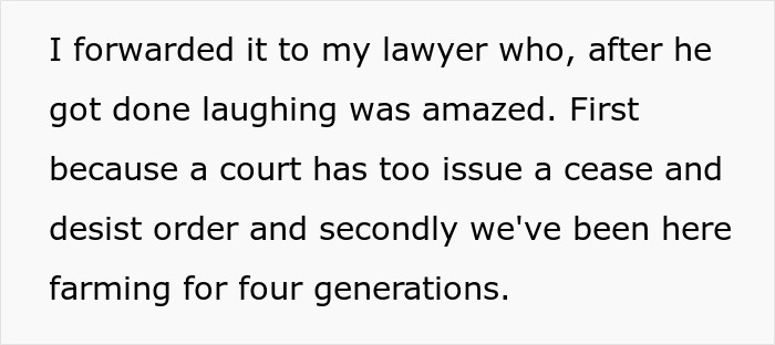 Text about farmer's legal response to HOA demand, mentioning a lawyer's reaction and generational farming history. Text about farmer's legal response to HOA demand, mentioning a lawyer's reaction and generational farming history.
