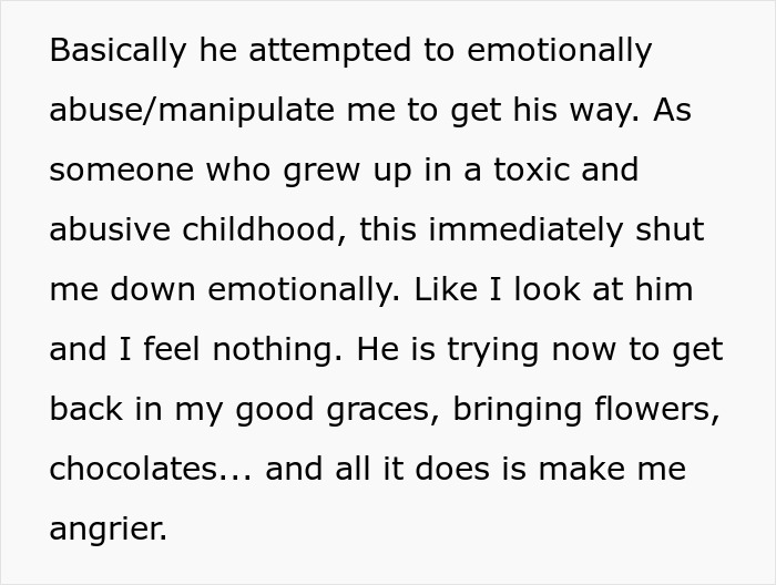 Text about a husband's attempted manipulation and the emotional impact it had. Text about a husband's attempted manipulation and the emotional impact it had.