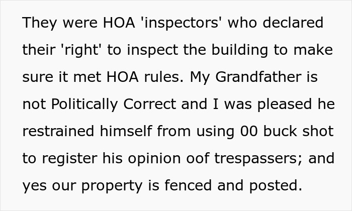 Text detailing a farmer's defiance against HOA inspectors trespassing on his fenced property. Text detailing a farmer's defiance against HOA inspectors trespassing on his fenced property.