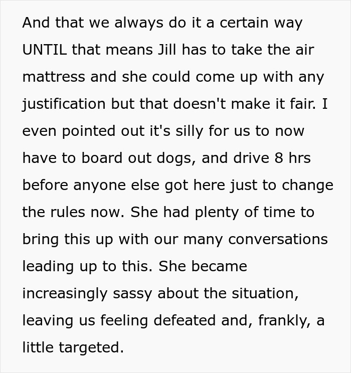 Text exchange discussing frustration over being assigned an air mattress on family holidays. Text exchange discussing frustration over being assigned an air mattress on family holidays.