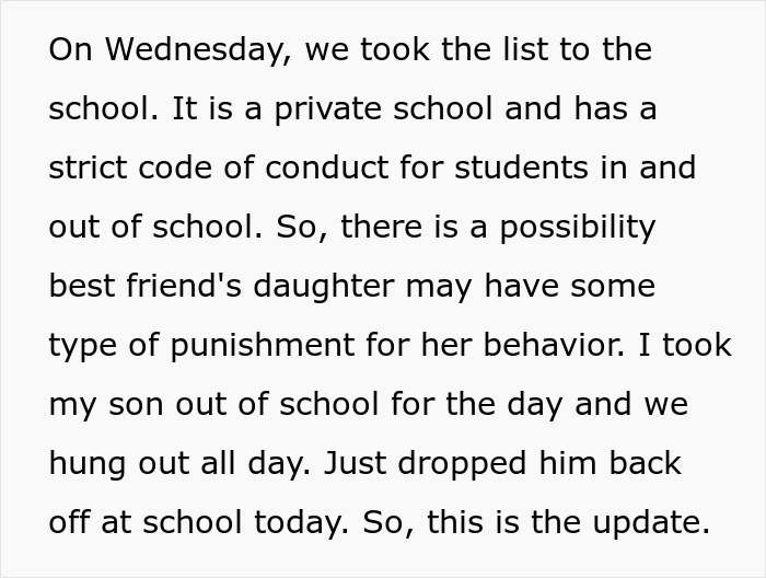 Private school update on dad supporting son; potential punishment for family friend's daughter. Private school update on dad supporting son; potential punishment for family friend's daughter.