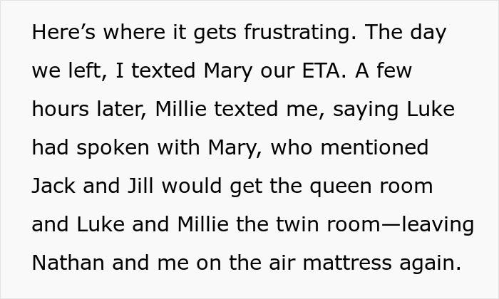 Text message reveals frustration over air mattress arrangement during family holidays. Text message reveals frustration over air mattress arrangement during family holidays.
