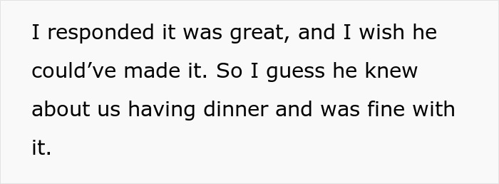 Text discussing a person's response about having dinner, relevant to HOA president and new resident situation. Text discussing a person's response about having dinner, relevant to HOA president and new resident situation.