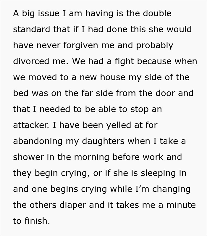 Text recounting concerns over double standards and parenting roles during a perceived home invasion scenario. Text recounting concerns over double standards and parenting roles during a perceived home invasion scenario.