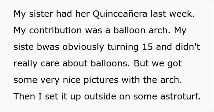 Quinceañera celebration text about a sister's balloon arch contribution. Quinceañera celebration text about a sister's balloon arch contribution.