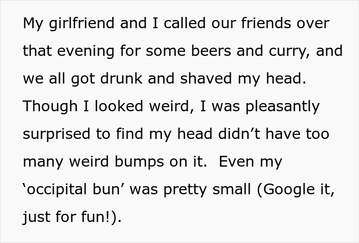 Text about shaving head after drinks. Text about shaving head after drinks.