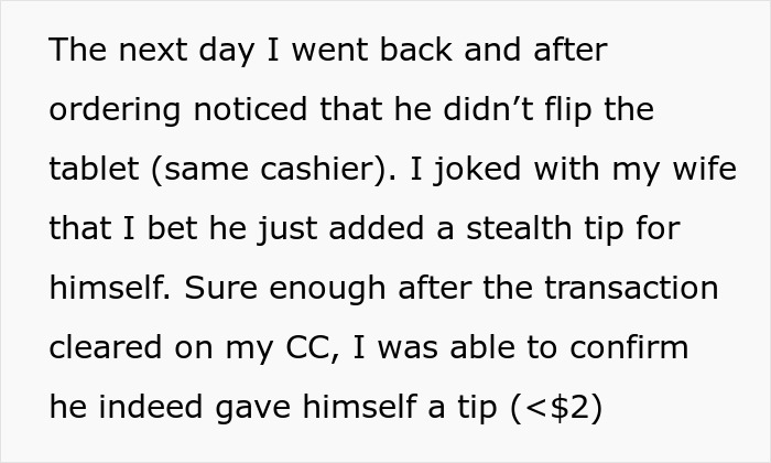 Text describing a cashier giving himself a stealth tip during a transaction, as confirmed via credit card charges. Text describing a cashier giving himself a stealth tip during a transaction, as confirmed via credit card charges.
