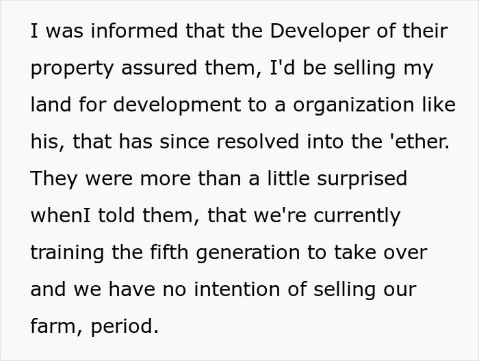 Text image of a farmer's response to a developer, asserting no intention to sell the farm. Text image of a farmer's response to a developer, asserting no intention to sell the farm.
