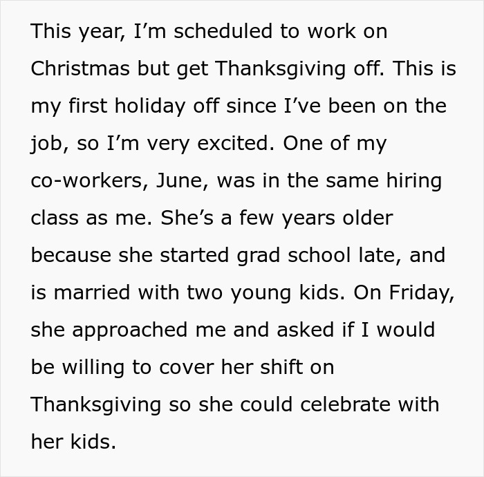 Mom Wants Coworker To Cover Her On Holiday Because She Doesn’t Have Kids, Gets A Reality Check Mom Wants Coworker To Cover Her On Holiday Because She Doesn’t Have Kids, Gets A Reality Check