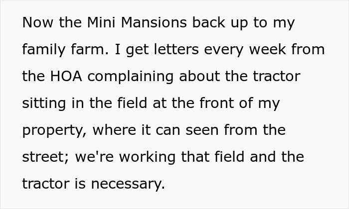 Farmer defies HOA complaints about tractor visible from the street, highlighting its necessity for field work. Farmer defies HOA complaints about tractor visible from the street, highlighting its necessity for field work.