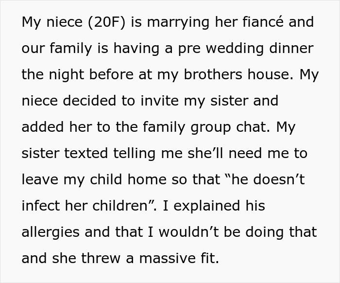 Mom Refuses To Accommodate Anti-Vax Sister’s Kids By Excluding Her Own “Sick” Son From Wedding Mom Refuses To Accommodate Anti-Vax Sister’s Kids By Excluding Her Own “Sick” Son From Wedding